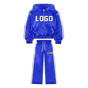 Ensemble de survêtement streetwear en coton éponge personnalisé avec strass, coupe oversize, zippé, pour homme, comprenant un pantalon évasé et un sweat à capuche, effet délavé à l'acide - Product Image 1