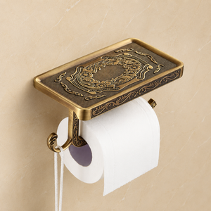 Porte-papier toilette mural en laiton de luxe avec étagère de rangement, support élégant pour rouleau de papier toilette antique, accessoire de salle de bain raffiné - Product Image 1