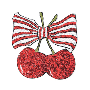 Parche Termoadhesivo Grande de Lentejuelas Bordadas con Diseño de Lazo de Bastón de Caramelo Navideño y Cereza para Ropa, Bolsos y Decoración Festiva - Product Image 1