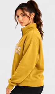 <b>Women's</b> <b>Yellow</b> Quarter Zip Sweatshirt Cotton Stand Collar Long Sleeve Front Graphic Print <b>Top</b> - Product Image 4