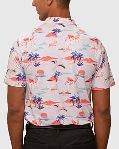 Chemise Homme Manches Courtes Imprimé Flamant Rose pour Vacances, Impression Numérique, Tissu Tricoté Anti-Plis, Logo Avant, Polyester - Product Image 3