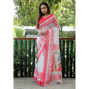 Linen Digital Print <b>Saree</b> Yellow and <b>Red</b> Party Wear - Product Image 3
