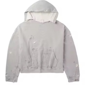 Sudadera con Capucha Extra Grande para Hombre, Estilo Vintage, Lavado Desgastado, Color Gris Sólido, con Bolsillo - Product Image 4