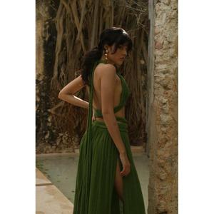 Vestido Maxi Halter Verde de Alta Calidad, Tejido, con Abertura Alta, Sin Mangas, Holgado, para Fiesta de Verano, Color Sólido, ODM - Product Image 2