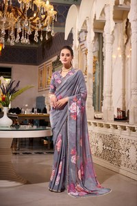 Sari indien tendance et magnifique à volants, en faux georgette, avec broderies, pour femmes, idéal pour les fêtes, les mariages et les tenues d'hiver - Product Image 2