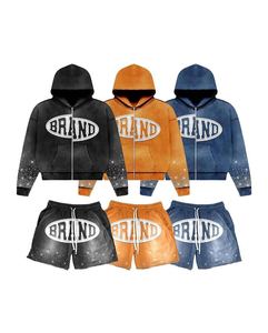 Ensemble de survêtement pour homme en coton 100% avec strass, comprenant un sweat à capuche et un pantalon de survêtement, effet délavé, coupe oversize, fermeture éclair intégrale, grammage lourd - Product Image 1