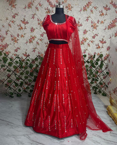 Última Moda en Lehengas de Diseñador, Vestido de Fiesta con Hermoso Bordado de Hilos, Trabajo con Espejos Reales, Satén de Malai Elástico - Product Image 1