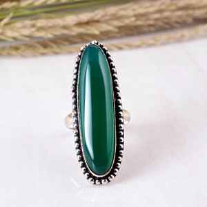 Green Onyx 925 Sterling <b>Silver</b> <b>Ring</b> Handmade Boho Style Beaded Border Bezel Setting <b>Statement</b> Jewelry for Party Occasions - Product Image 1