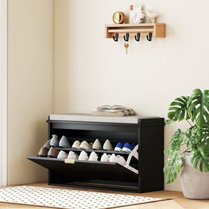 Black 31.5x10.2x18.7 Inches Shoe Storage <b>Bench</b> with <b>Padded</b> Seat Cushion and Flip Drawer Entryway <b>Bench</b> and Shoe Cabinet - Product Image 2