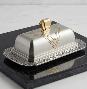 Beurrier rectangulaire en argent avec couvercle incrusté d'or, design hermétique, vaisselle de cuisine, utilisation pour les fêtes - Product Image 4