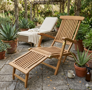 Luxury Foldable Teak Wood Steamer Chair Adjustable Outdoor Sun Lounger Durable Deck <b>Recliner</b> For Garden Poolside Patio Furniture - Product Image 4