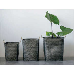 Juego de Macetas Cuadradas de Acero Galvanizado Estilo Rústico, Macetas Decorativas de Metal para Interiores y Exteriores con Asas - Product Image 1