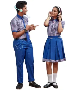맞춤 제작 하이 퀄리티 남녀공용 블루 체크 교복 원피스 세트 셔츠 일반 바지 & 고등학생용 스커트 포함