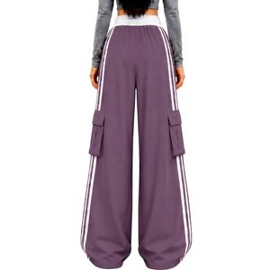 Pantalones Cargo Anchos de Mujer Color Morado Polvoriento Personalizados, de Cintura Alta con Cordón, Rayas Laterales, Ajuste Relajado, Estilo Urbano - Product Image 2
