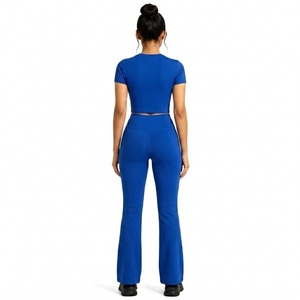 ODM Custom Women <b>Royal</b> <b>Blue</b> Yoga Set Crew Neck Short Sleeve Crop Top T Shirt High Waist Flare <b>Leggings</b> Activewear Workout Suits - Product Image 2