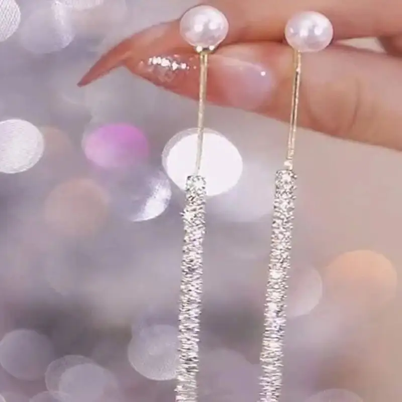 Orecchini pendenti con strass Color argento con forma geometrica trasversale in metallo di colore bianco nero di pietra di cristallo perla da donna orecchini gioielli