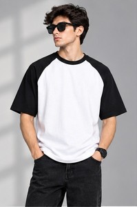 Camiseta de Manga Raglán Blanca y Negra para Hombre, Corte Regular, Cuello Redondo, Informal, 100% Algodón Jersey, Estilo Urbano, Color Sólido, Secado Rápido - Product Image 4