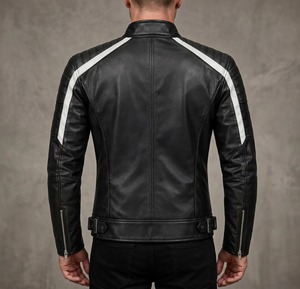 Veste en cuir de mouton noir pour homme, style Cafe Racer, avec bandes blanches - Product Image 3