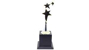 Trofeo de diseño curvo de doble estrella con acabado metálico y base sólida para reconocimiento de logros, premios corporativos. - Product Image 3