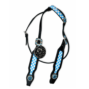 Ensemble de têtière et de collier de poitrail en cuir noir style western avec incrustation à carreaux bleus et conchos en strass, équipement équestre confortable - Product Image 2
