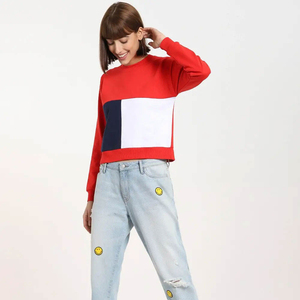 Sweat-shirt rouge à col rond pour femme, manches longues, tricoté en coton, color-block, décontracté, pour l'automne - Product Image 4