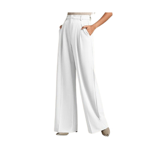 Pantalones de mujer de cintura alta, pierna ancha, largos, blancos, casuales, plisados, de ajuste holgado, de tela crepé, antiarrugas, con cierre de botones - Product Image 2