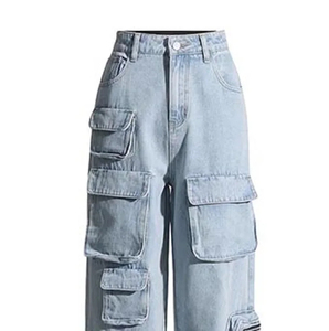 Pantalones vaqueros casuales de pierna ancha Cargo, lavado medio, corte recto, ajuste holgado, cintura media, de mezclilla, estilo urbano, venta al por mayor OEM ODM - Product Image 2