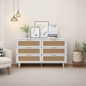 6-<b>Drawers</b> 51.18\" Rattan Storage Cabinet <b>for</b> <b>Bedroom</b> & Living Room <b>White</b> Rattan <b>Drawer</b> - Product Image 1