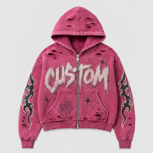 Custom Men's <b>Zip</b>-Up <b>Hoodie</b> Oversized <b>Black</b> Cotton French Terry Streetwear Spray Print Ripped Design Autumn Fit Regular Sleeve - Product Image 3