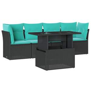 Set di divani da giardino in polyrattan nero da 5 pezzi con cuscini, mobili da giardino - Product Image 2
