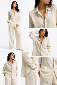 Women Beige <b>Linen</b> Two Piece Solid Top Long Sleeve Button Front Shirt Loose Wide Leg Long Pants Summer Casual Beach <b>Set</b> Wholesale - Product Image 4