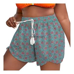 Shorts Sanganeri con Estampado y Cordón Ajustable en la Cintura para Mujer, Ropa de Verano Informal de Algodón con Estampado de Bloques y Cordón Ajustable en la Cintura - Product Image 5