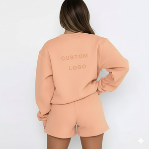 Conjunto de Dos Piezas de Alta Calidad para Mujer, Sudadera y Pantalones Cortos, Personalizado, Sólido, Casual, Bordado, 100% Algodón - Product Image 2