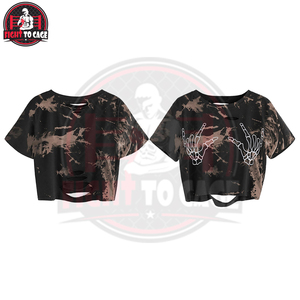 Camiseta Corta de Manga Corta para Mujer, Diseño de Calavera, Transpirable, Hecha a Mano, con Gráficos Desgastados, al por Mayor - Product Image 6