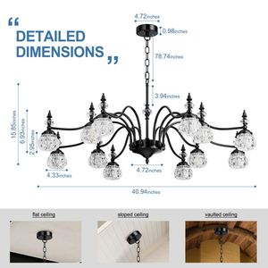 12-<b>Light</b> Black Vintage Crystal Chandelier Round Hanging Pendant Fixture for <b>Dining</b> Living Bedroom Farmhouse Style for Rooms - Product Image 4