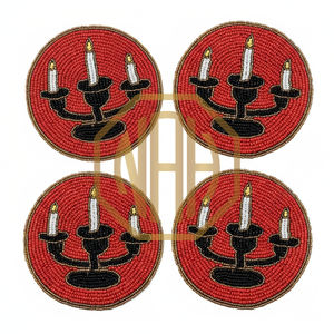 Heritage Collection Handcrafted Beaded Tea Coaster Light <b>Blue</b> and Black <b>Candle</b> Design Traditional Round Accent for Decoration - Product Image 6