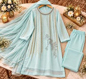 Conjunto de 3 Piezas de Chifón con Bordado Intenso, Traje Indio Pakistaní para Fiestas, Anarkali - Product Image 1