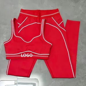 Women's Premium Contrast Color Yoga Set 3-Piece V-Neck Front Seamed Slim Fit Shockproof Sports <b>Bra</b> High Waist Leggings - Product Image 3