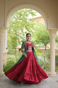 Lehenga Choli Rojo con Chaqueta Bordada en Verde, Vestido de Novia de Algodón Largo Hasta el Suelo para Mujer, Estilo India Pakistán - Product Image 5