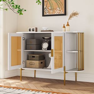 Elegante Credenza Curva a 2 Ante con Finiture Dorate e Porte in Rattan Intrecciato per Sala da Pranzo e Collezioni di Stoviglie - Product Image 3