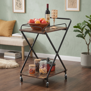 Modern 2 Tier Wooden Kitchen Cart With Metal Frame <b>Portable</b> <b>Bar</b> Cart For Home Storage And Serving - Product Image 1