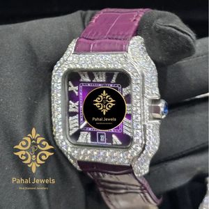 Montre mécanique à cadran violet, boîtier carré, lunette sertie de diamants, bracelet à motif crocodile, montre-bracelet à chiffres romains - Product Image 4