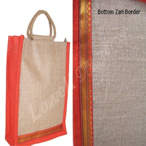 Jute Shopping <b>Bag</b> with Red Border and Zari Trim Small Size Rope Handle Shoulder Strap Supermarket Use - Product Image 2