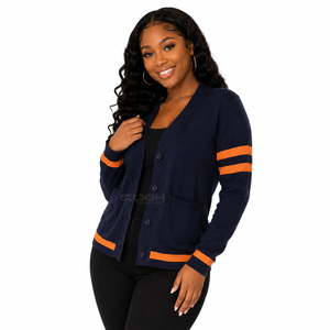 Cosh International Acrylic Sisterhood Sorority Warm Winter Wool <b>Navy</b> Knitted <b>Cardigan</b> V-neck Long Sleeve Contrast Color <b>Cardigan</b> - Product Image 3