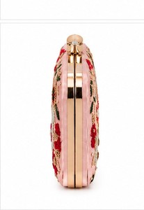 Elegant Pink Embroidered Floral Clutch With <b>Sequins</b> Women's Satin Party <b>Handbag</b> Lock Closure - Product Image 4