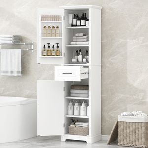 Mobiletto Alto da Bagno Autoportante con Due Ante Regolabili, Design con Ripiani in MDF - Product Image 2