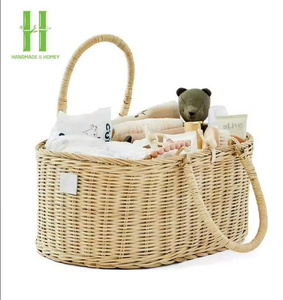 Cesta Organizadora de Pañales de Ratán para Bebé, Cesta de Almacenamiento Tejida para Guardería, Bolsa de Almacenamiento para Pañales, Toallitas y Artículos Esenciales para Bebé con Asas - Product Image 1