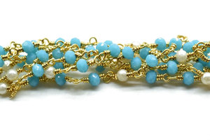 Sky Blue Crystal Beaded Chain <b>Black</b> Wire <b>Wrapped</b> Rosary Style Handmade Jewelry Supply - Product Image 3