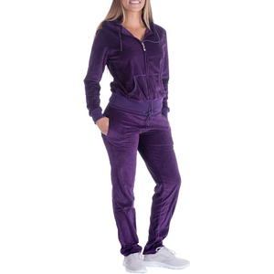 Conjunto Deportivo de 2 Piezas para Mujer, con Capucha, de Terciopelo Morado, Cierre Completo, Manga Larga, Pantalones Deportivos Casuales con Bolsillos, para Todas las Temporadas - Product Image 1