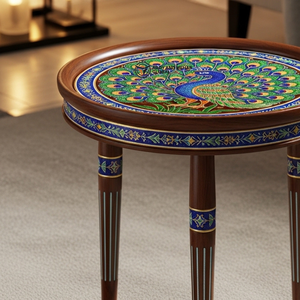 Mesa de Centro de Madera Minakari Hecha a Mano de Lujo, Taburete con Estampado de Pavo Real Azul Vibrante, Mesa Trípode con Patas de Madera Maciza Premium - Product Image 3